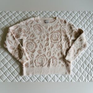 Laura Ashley Small Knit Sweater Long Sleeve Pink Metallic Floral Fuzzy Rose Crew